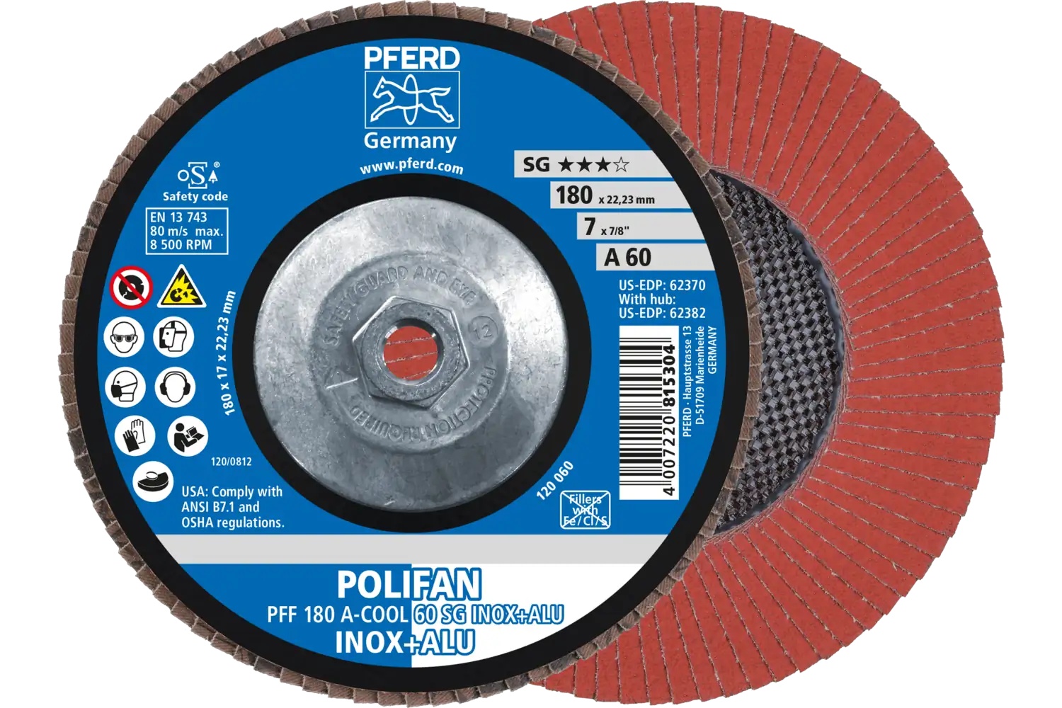 Picture of Pferd Flap Disc, 7" x 5/8-11, A-Cool SG Inox+ALU, 60 Grit, T27, Flat, Aluminum oxide